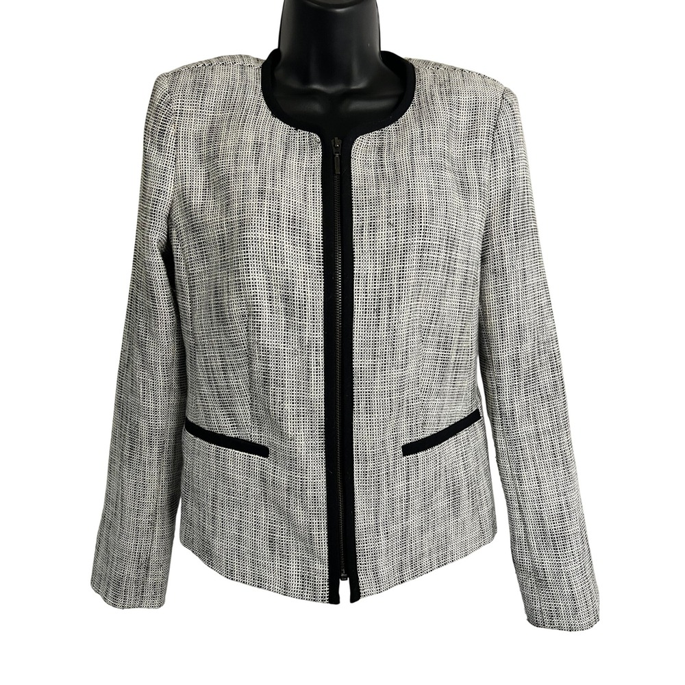 212‎ Collection Women's Textured Zip Front Blazer Jacket Black White Size 6